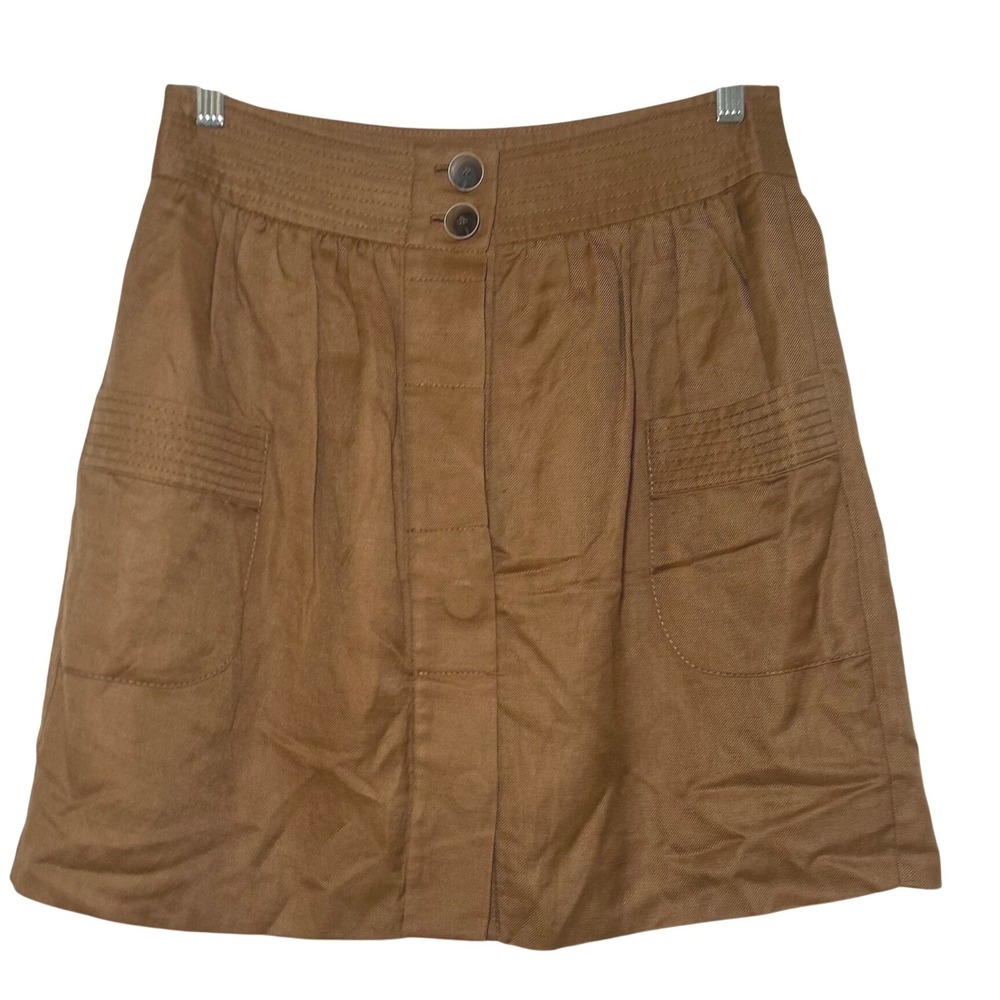 J.Crew Brown Linen Blend Button Front Mini Skirt with Pockets Size 6 neutral